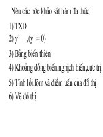 slide 1 nªu c¸c b­íc kh¶o s¸t hµm ®a thøc 1 txd 2 y’ y’ 0 3 b¶ng biõn thiªn 4 kho¶ng ®ång biõnnghþch biõncùc trþ 5 týnh låilâm vµ ®ióm uên cña ®å thþ 6 vï ®å thþ mét sè bµi to¸n liªn qua