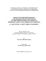Effects of heterogeneous and homogeneous groypings on the improvement of critical thinking in efl collaborative writing a case study at quy nhon university    m a    