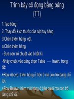 trình bày cô đọng bằng bảng tt trình bày cô đọng bằng bảng tt 1 tạo bảng 2 thay đổi kích thước của cột hay hàng 3 chèn thêm hàng cột a chèn thêm hàng đưa con trỏ chuột vào ô bất kì nháy chuột vào