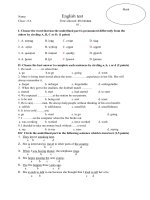 name english test class 11a time allowed 45 minutes 01 i choose the word that has the underlined part is pronounced differently from the others by circling a b c or d 1 point 1 a among b long c ev