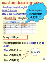 slide 1 bài 4 sử dụng các hàm để tính toán t2 1 hàm trong chương trình bảng tính 2 cách sử dụng hàm 3 một số hàm trong chương trình bảng tính a hàm tính tổng  dùng hàm sum ví dụ sum456 hoặc