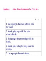 slide 1 question i listen check the statements t or f 25 pts t f 1 mai is going to the school cafeteria with her friend 2 nam is going to go with mai to the school cafeteria 3 ba is goingto the c