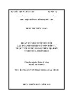 Tóm tắt Luận văn Thạc sĩ Quản lý công: Quản lý nhà nước đối với các doanh nghiệp có vốn đầu tư trực tiếp nước ngoài trên địa bàn tỉnh Thừa Thiên Huế