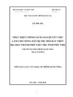 Tóm tắt Luận văn Thạc sĩ Chính sách công: Thực hiện chính sách giải quyết việc làm cho nông dân bị thu hồi đất nông nghiệp trên địa bàn thành phố Việt Trì