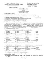 Đề tham khảo thi học kì 2 môn Tiếng Anh lớp 6 năm 2020-2021 có đáp án - Trường THCS Lê Quang Cường (Đề số 1)