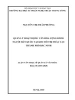 Tóm tắt Luận văn Thạc sĩ Quản lý văn hóa: Quản lý hoạt động văn hóa cộng đồng người nước ngoài tại khu đô thị Trầu Cau, thành phố Bắc Ninh