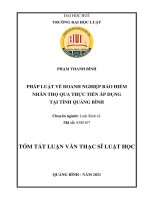 Tóm tắt Luận văn Thạc sĩ Luật Kinh tế: Pháp luật về doanh nghiệp kinh doanh bảo hiểm nhân thọ qua thực tiễn áp dụng tại Tỉnh Quảng Bình