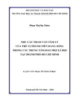 Nhu cầu tham vấn tâm lý của trẻ vị thành niên đang sống trong các trung tâm bảo trợ xã hội tại thành phố hồ chí minh (luận văn thạc sĩ tâm lí học chuyên ngành tâm lí học) 