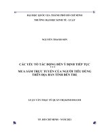 Các yếu tố tác động đến ý định tiếp tục mua sắm trực tuyến của người tiêu dùng trên địa bàn tỉnh bến tre (luận văn thạc sỹ luật) 