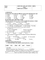 Đề thi giữa học kì 1 môn Tiếng Anh lớp 7 năm 2020-2021 có đáp án - Trường THCS Nguyễn Huệ