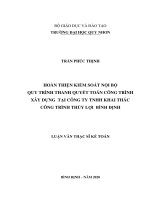Hoàn thiện kiểm soát nội bộ quy trình thanh quyết toán công trình xây dựng tại công ty TNHH khai thác công trình thủy lợi bình định 