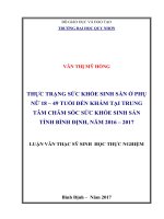 Thực trạng sức khỏe sinh sản ở phụ nữ từ 18 đến 49 tuổi đến thăm khám tại trung tâm chăm sóc sức khỏe sinh sản tỉnh bình định từ năm 2016   2017 