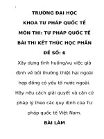 Xây dựng tình huống: vụ việc giả định về bồi thường thiệt hại ngoài hợp đồng có yếu tố nước ngoài . hãy nêu cách giải quyết và căn cứ pháp lý theo các quy định của tư pháp quốc tế việt nam