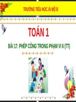 Bài giảng môn Toán lớp 1 sách Cánh diều năm học 2020-2021 - Bài 17: Phép cộng trong phạm vi 6 - Tiếp theo (Trường Tiểu học Ái Mộ B)