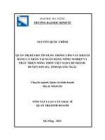 Quản trị rủi ro tín dụng trong hoạt động cho vay khách hàng cá nhân tại ngân hàng nông nghiệp và phát triển nông thôn việt nam – chi nhánh huyện sơn hà, tỉnh quảng ngãi (tóm tắt) 
