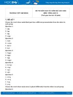 Bộ 5 đề thi giữa HK2 môn Tiếng Anh 10 có đáp án năm 2021-2022 Trường THPT Kim Đồng