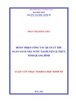 Hoàn thiện công tác quản lý thu ngân sách nhà nước tại huyện lệ thủy, tỉnh quảng bình  