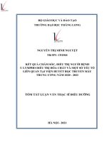 Kết quả chăm sóc, điều trị người bệnh u lympho điều trị hóa chất và một số yếu tố liên quan tại viện huyết học truyền máu trung ương năm 2020 2021 