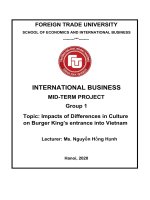 INTERNATIONAL BUSINESS MID TERM PROJECT group 1 topic impacts of differences in culture on burger king’s entrance into vietnam 