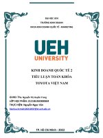 (TIỂU LUẬN) KINH DOANH QUỐC tế 2 TIỂU LUẬN TOÀN KHÓA TOYOTA VIỆT NAM PHÂN TÍCH PESTLE CHO TOYOTA VIỆT NAM PHÂN TÍCH môi TRƯỜNG bên TRONG đối với AEON MALL VIỆT NAM 