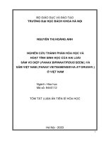 Tóm tắt luận án:  Nghiên cứu thành phần hóa học và hoạt tính sinh học của hai loài Sâm Vũ Diệp (Panax bipinnatifidus Seem.) và Sâm Việt Nam (Panax vietnamensis Ha et Grushv.) ở Việt Nam.