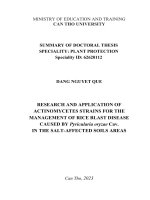 Tóm tắt: Nghiên cứu và ứng dụng xạ khuẩn trong phòng trị bệnh đạo ôn hại lúa do nấm Pyricularia oryzae Cav. trên vùng đất nhiễm mặn