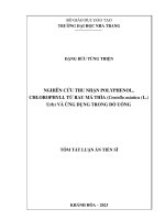 Tóm tắt: Nghiên cứu thu nhận polyphenol, chlorophyll từ rau má thìa (Centella asiatica (L.) Urb) và ứng dụng trong đồ uống