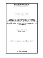 Tóm tắt: Nghiên cứu các nhân tố ảnh hưởng đến thực hiện kế toán môi trường và tác động của thực hiện kế toán môi trường đến thành quả hoạt động của các doanh nghiệp thủy sản tại Việt Nam
