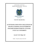 [LUẬN VĂN THẠC SĨ] An investigation into challenges of online learning encoutered by English major students at Ba Ria-Vung Tau University