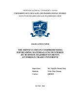 The difficulties in comprehending esp reading materials encountered by business majored students at foreign trade university = những khó khăn trong việc Đọc hiểu tài liệu tiếng anh chuyên ngành của sinh viên kinh tế tại trường Đại học ngoại thương