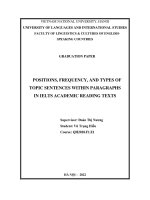 Positions, frequency, and types of topic sentences within paragraphs in ielts academic reading texts = vị trí, tần suất, và phân loại các câu chủ Đề trong Đoạn văn thuộc các bài Đọc ielts