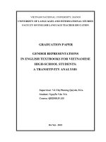 Gender representations in english textbooks for vietnamese high school students a transitivity analysis = hiện diện giới trong sách giáo khoa tiếng anh dành cho học sinh trung học phổ thông nghiên cứu chuyển tác