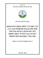 Nguyễn phương Đông khảo sát nhận thức và nhu cầu của người bệnh ngoại trú Đối với Ứng dụng chăm sóc sức khoẻ trực tuyến tại cơ sở 2 bệnh viện Đại học y hà nội khóa luận tốt nghiệp dược sĩ