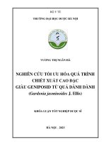 NGHIÊN CỨU TỐI ƯU HÓA QUÁ TRÌNH CHIẾT XUẤT CAO ĐẶC GIÀU GENIPOSID TỪ QUẢ DÀNH DÀNH (Gardenia jasminoides J. Ellis) - Khóa luận TN ĐH