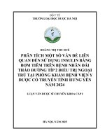 Hoàng thị thu huế phân tích một số vấn Đề liên quan Đến sử dụng insulin bằng bơm tiêm trên bệnh nhân Đái tháo Đường típ 2 Điều trị ngoại trú tại phòng khám bệnh viện y dược cổ truyền tỉnh hưng yên năm 2024 luận văn dược sĩ chu