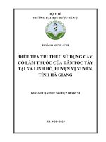 Hoàng minh anh Điều tra tri thức sử dụng cây cỏ làm thuốc của dân tộc tày tại xã linh hồ, huyện vị xuyên, tỉnh hà giang khóa luận tốt nghiệp dược sĩ
