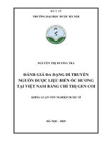 Nguyễn thị hương trà Đánh giá Đa dạng di truyền nguồn dược liệu biển Ốc hương tại việt nam bằng chỉ thị gen coi khóa luận tốt nghiệp dược sĩ