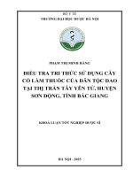 Phạm thị minh hằng Điều tra tri thức sử dụng cây cỏ làm thuốc của dân tộc dao tại thị trấn tây yên tử, huyện sơn Động, tỉnh bắc giang khoá luận tốt nghiệp dược sĩ