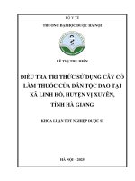 Lê thị thu hiền Điều tra tri thức sử dụng cây cỏ làm thuốc của dân tộc dao tại xã linh hồ, huyện vị xuyên, tỉnh hà giang khóa luận tốt nghiệp dược sĩ