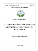 Nguyễn thị hồng hạnh xây dựng tiêu chuẩn cơ sở nguyên liệu thiết lập chuẩn tạp d của mebendazol luận văn thạc sĩ dược học