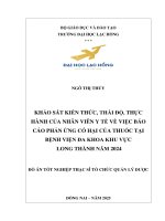 Khảo sát kiến thức, thái Độ, thực hành của nhân viên y tế về việc báo cáo phản Ứng có hại của thuốc tại bệnh viện Đa khoa khu vực long thành năm 2024 Đồ Án tốt nghiệp thạc sĩ tổ chức quản lý dược