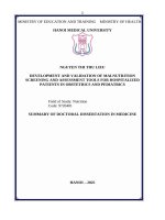 Tóm tắt tiếng anh xây dựng và chuẩn hóa bộ công cụ sàng lọc, Đánh giá tình trạng dinh dưỡng cho người bệnh nội trú trong sản khoa và nhi khoa
