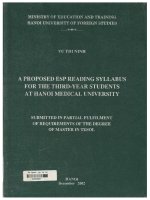 000028897 A PROPOSED ESP READING SYLLABUS FOR THE THIRD-YEAR STUDENTS AT HANOI MEDICAL UNIVERSITY ĐỀ XUẤT CHƯƠNG TRÌNH ĐỌC ESP DÀNH CHO SINH VIÊN NĂM THỨ BA TẠI TRƯỜNG ĐẠI HỌC Y HÀ NỘI
