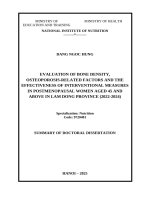 Tóm tắt luận Án tiếng anh Đánh giá mật Độ xương, các yếu tố liên quan Đến loãng xương và hiệu quả một số biện pháp can thiệp trên phụ nữ mãn kinh từ 45 tuổi trở lên tại tỉnh lâm Đồng (2022 2024)