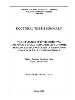Tóm tắt tiếng anh Ảnh hưởng trách nhiệm xã hội của doanh nghiệp về môi trường của doanh nghiệp sản xuất hàng Điện tử gia dụng tại việt nam Đến quyết Định mua hàng của người ti