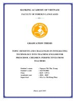 Khóa luận tốt nghiệp Ngoại ngữ: Benefits and challenges in integrating technology into teaching english for preschool children: perspectives from teachers